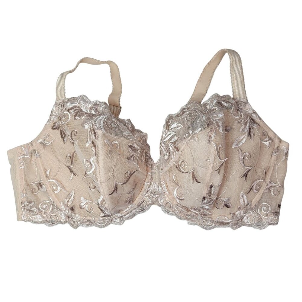 Soma Underwire Balconet Bra Tan 40DD Adj Floral Lace Mesh Wing Light Padding